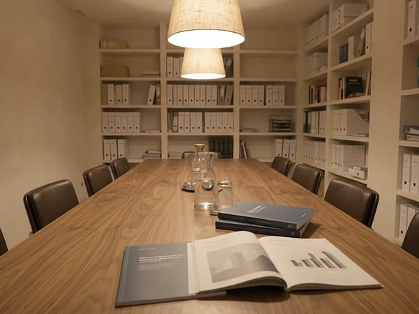 La sala riunioni dello studio con il tavolo in noce, i bilanci rilegati e la libreria di faldoni